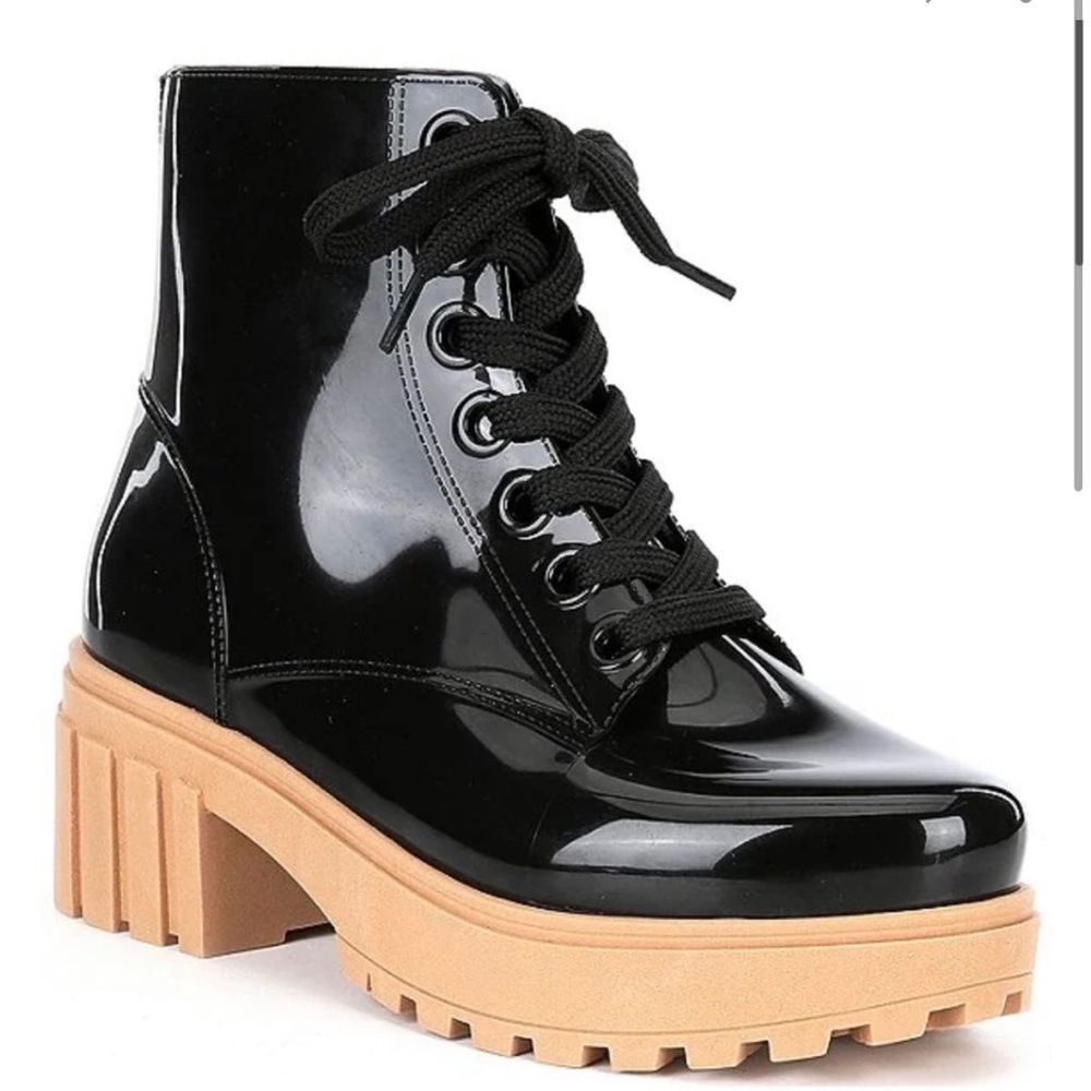 GIANNI BINI BLACK LUG SOLE CHUNKY COMBAT RUBBER RAIN BOOT WITH LACES - Picture 1 of 11